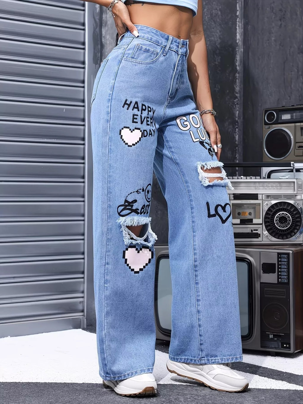 Distressed Printed Wide Leg Jeans