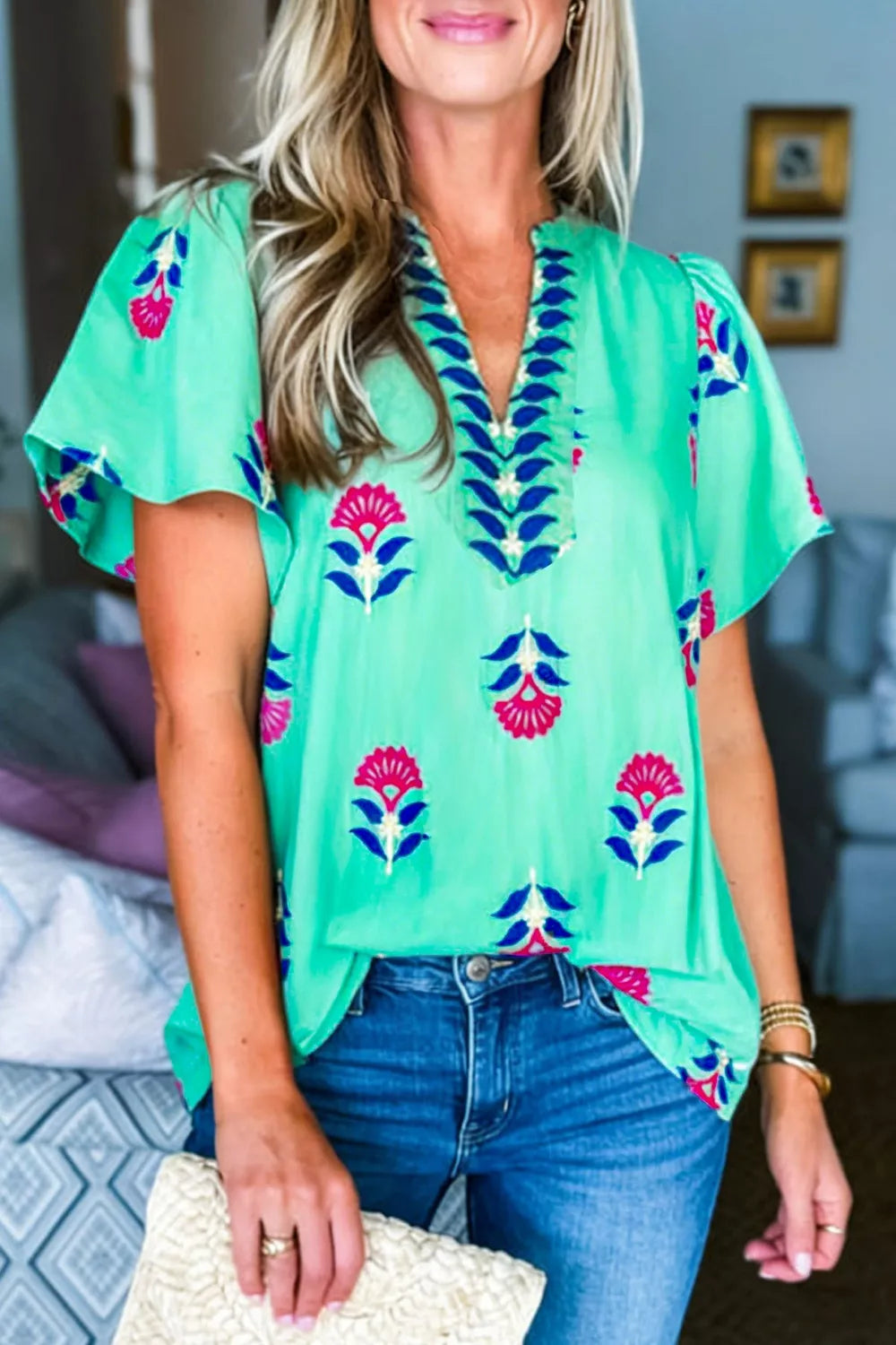Floral V Neck Flutter Sleeve Blouse