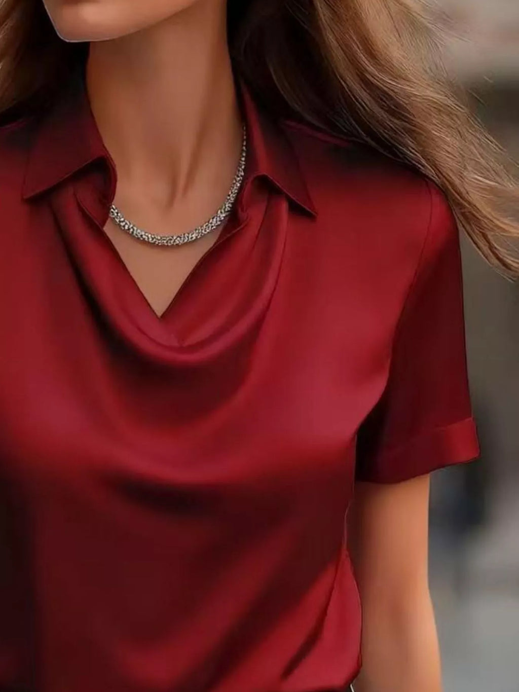 Full Size Cowl Neck Short Sleeve Satin Blouse Plus Size