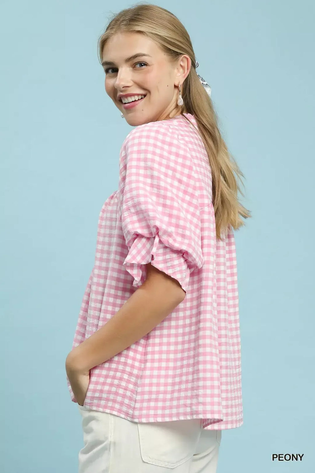 Umgee Gingham Check Blouse with Ruffle Sleeves