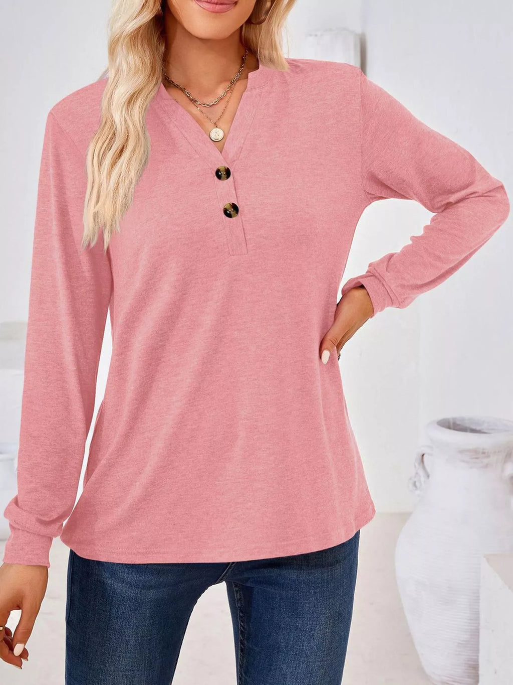 Plus Size Button Detail Long Sleeve T-Shirt