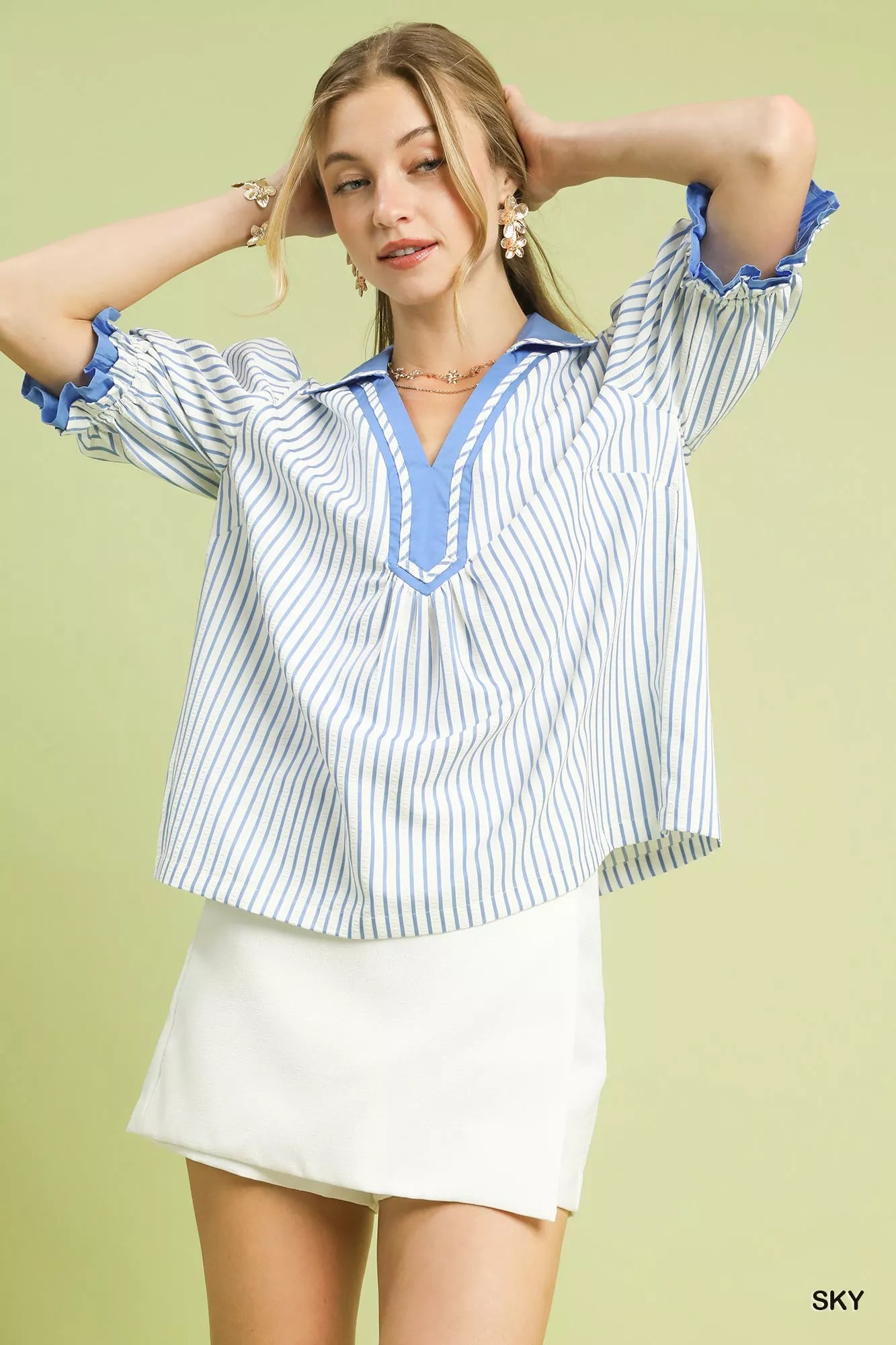 Umgee Seersucker Stripe Ruffle Sleeve Top