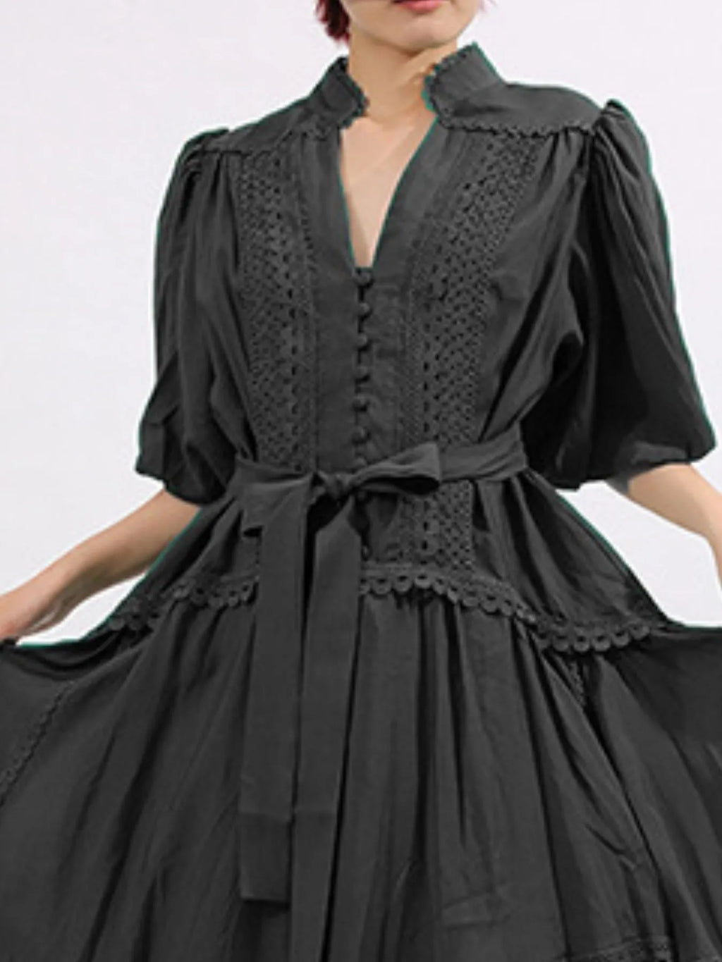 Lace Detail Notched Puff Sleeve Maxi Dress