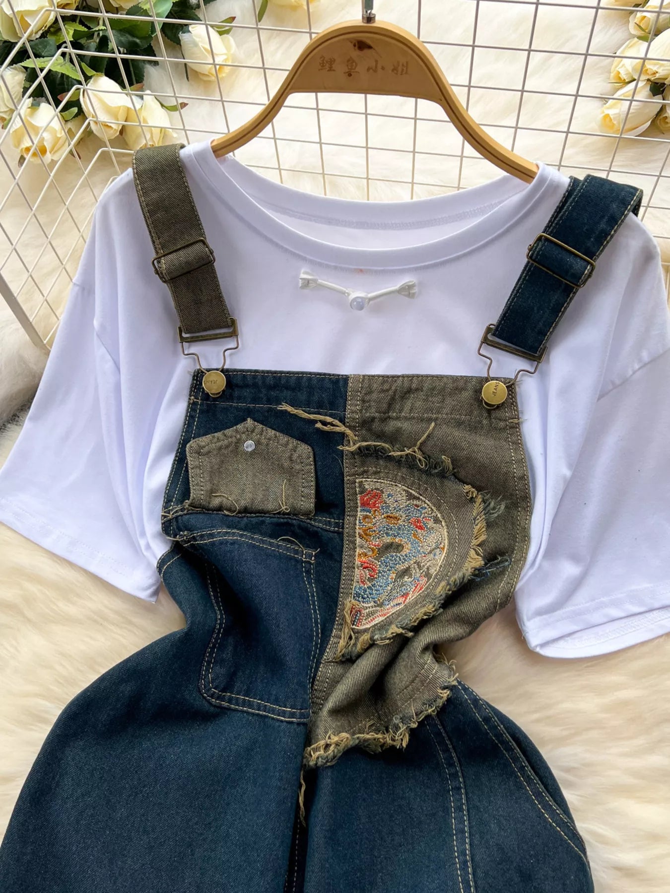 Short Sleeve T-Shirt and Denim Overall Dress Set