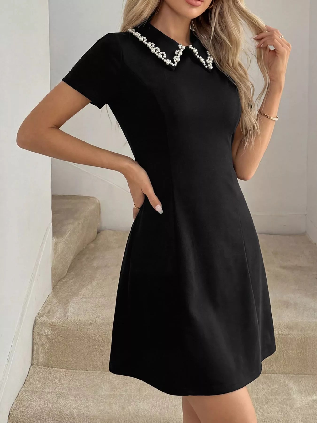 Bead Collar Short Sleeve Mini Dress