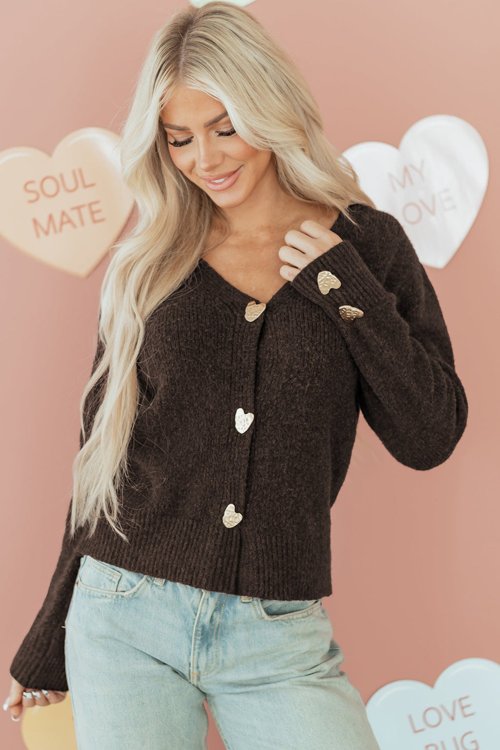 Valentine Heart Metal Buttoned V-Neck Cardigan