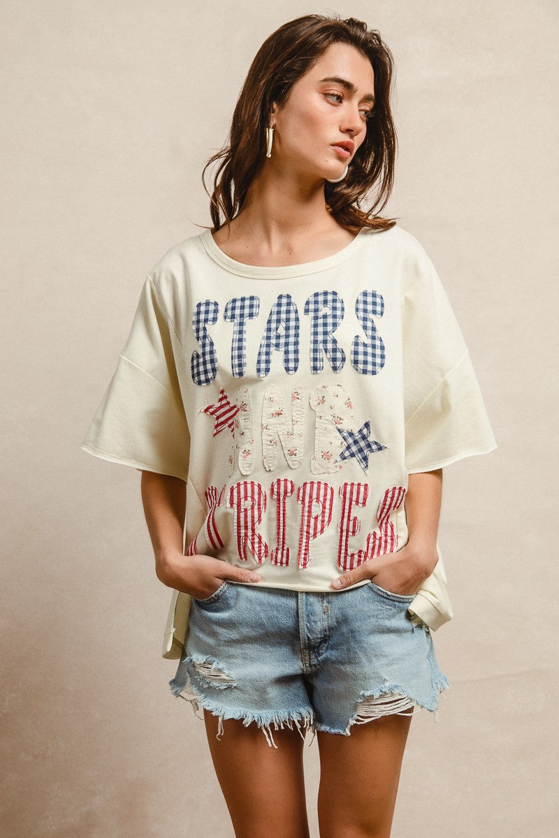 BiBi Mix And Match Stars And Stripes Patchwork Short Sleeve T-Shirt
