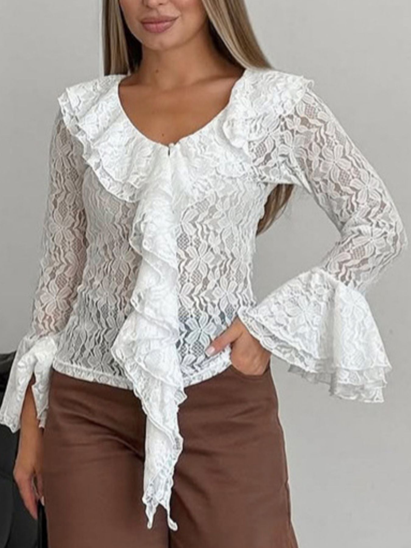 Ruffle Lace Flounce Sleeve Blouse