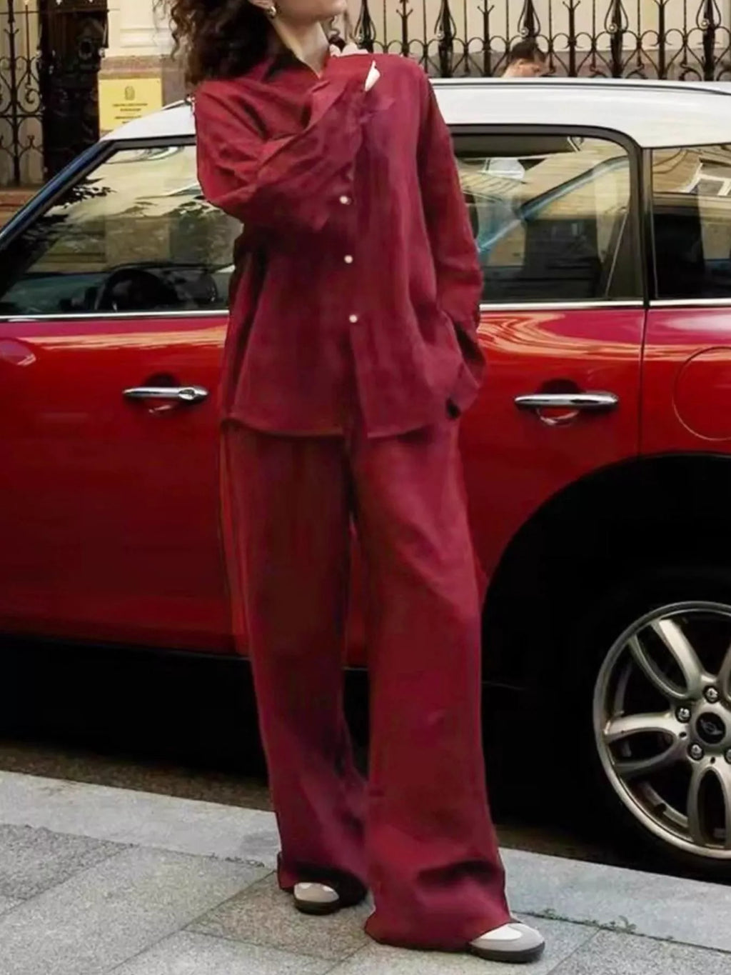Relaxed Fit Button Up Shirt and Pants Two-Piece Set