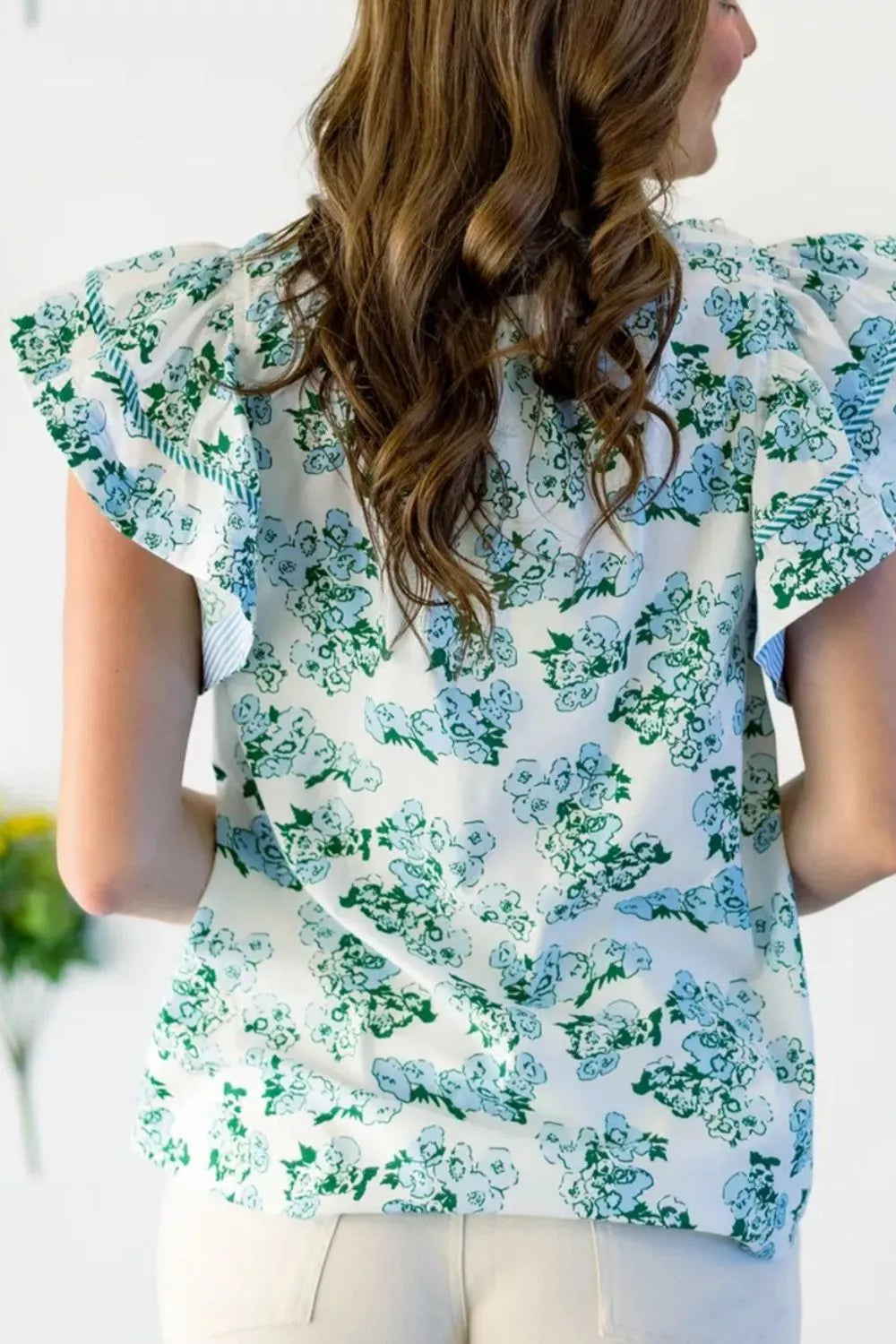 Floral Meets Stripes V Neck Flutter Sleeve Blouse