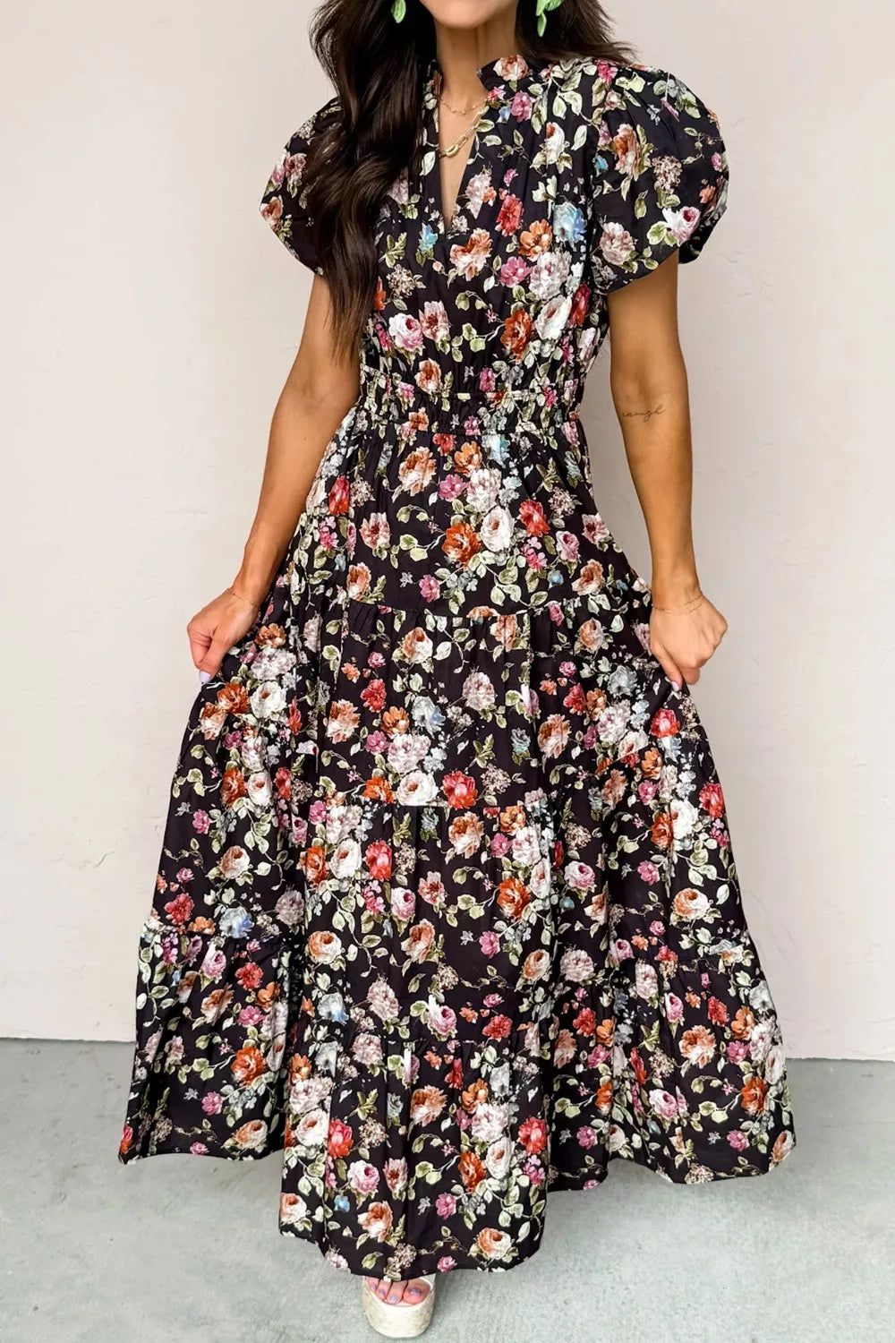 Floral Print Smocked Waist Maxi Dress
