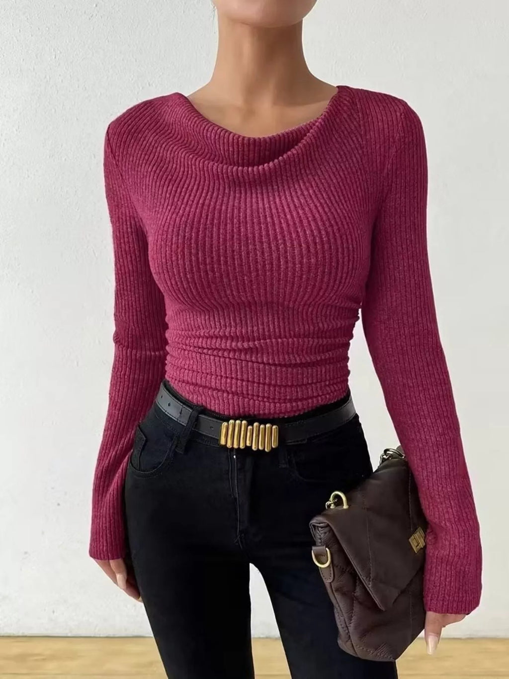 Cowl Neck Ribbed Knit Top