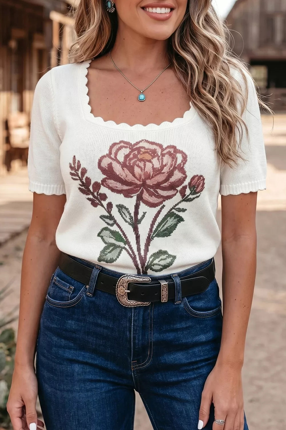 Flower Scalloped Hem Short Sleeve Knit Top