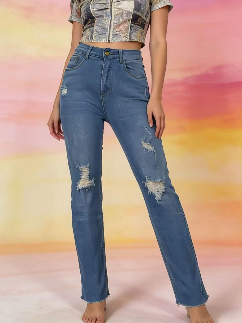 High-Waisted Distressed Jeans