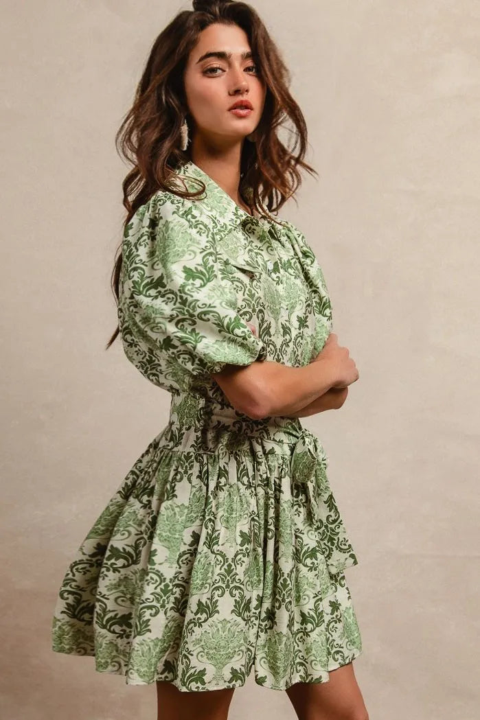 BiBi Tied Floral Short Sleeve Mini Shirt Dress