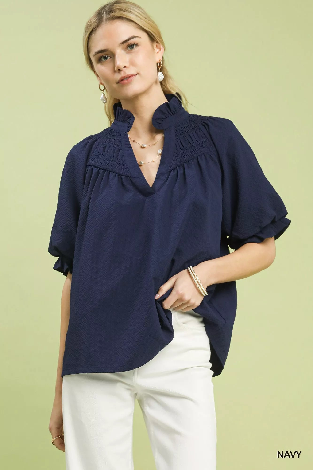 Umgee Textured Smocked Yoke Split-Neck Top