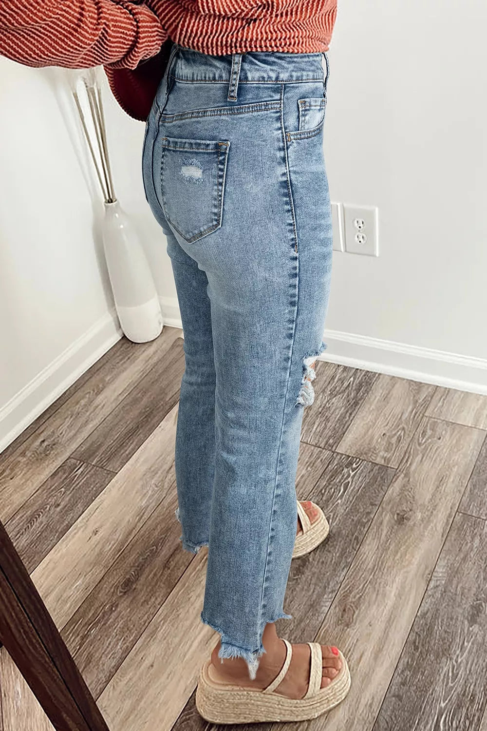 Raw Hem Ripped Open Knee Fit Flare Jeans