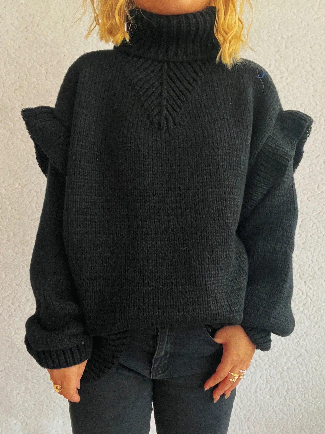 Ruffled Turtleneck Long Sleeve Sweater