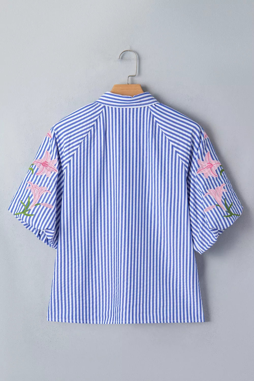 Striped Floral Embroidered Puff Sleeve Button Down Shirt