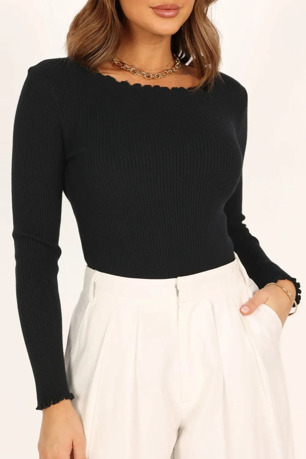 Lettuce Edge Round Neck Long Sleeve T-Shirt