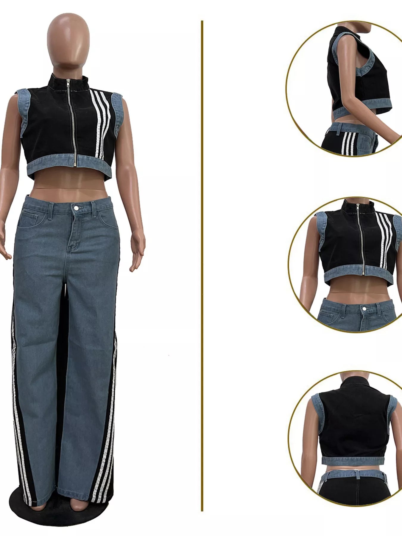 Zip Front Crop Top and Striped Pants Set