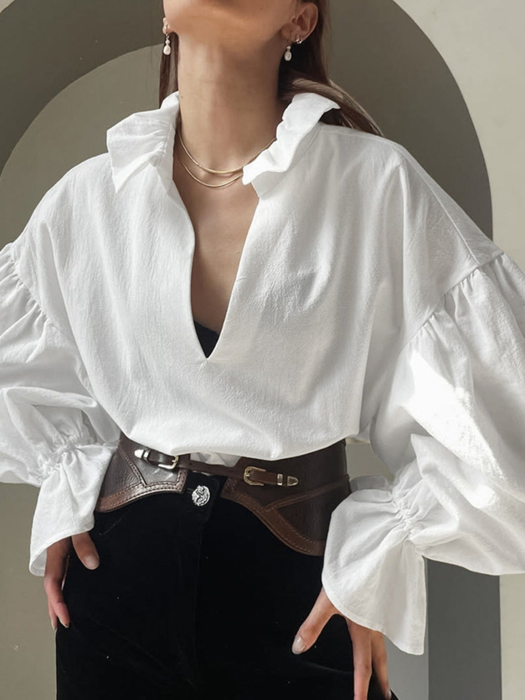 Notched Flounce Sleeve Blouse
