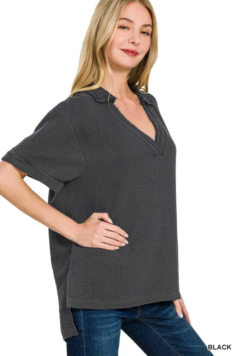 Zenana Double Gauze Short Sleeve High-Low Top