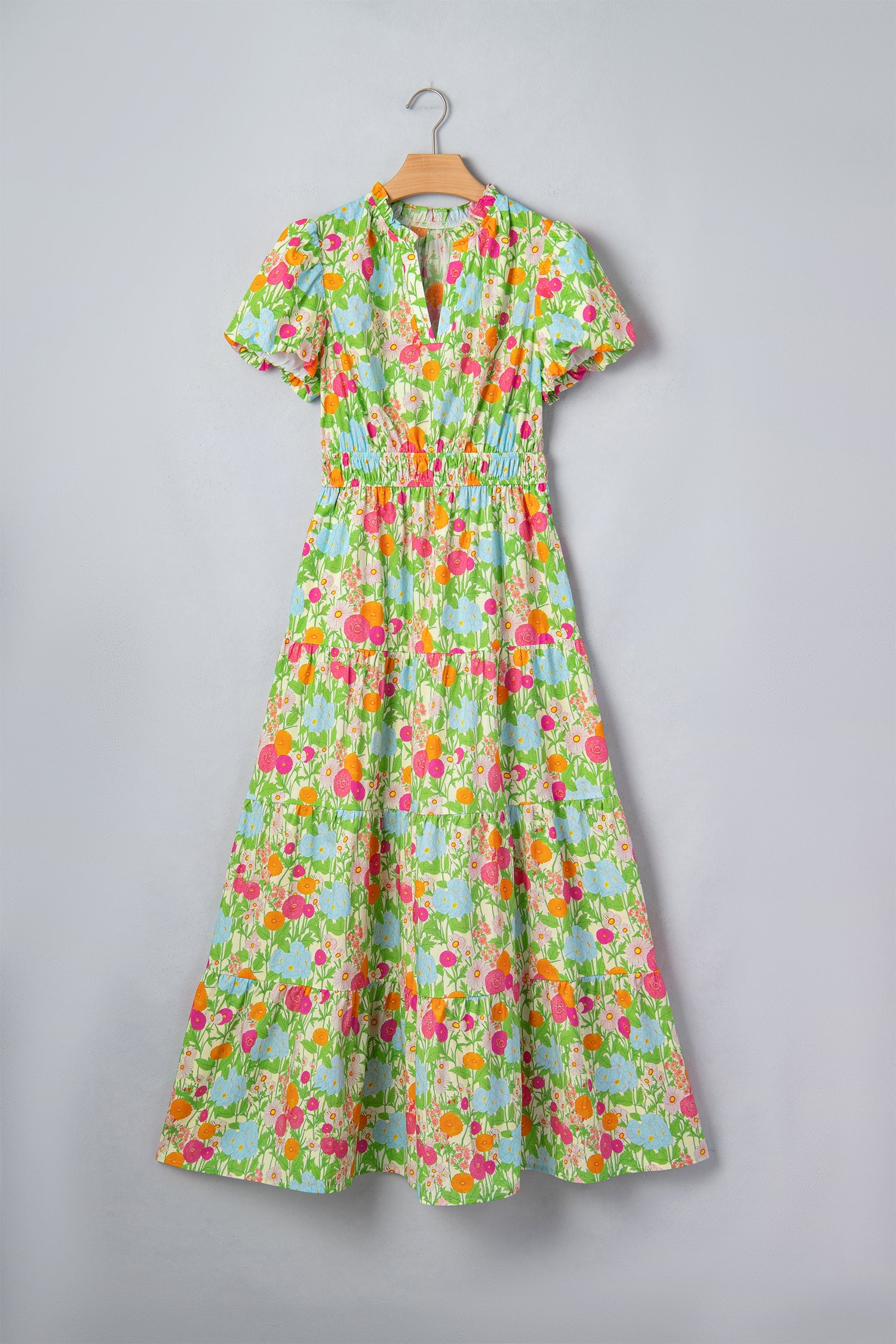 Floral V-Neck Short Puff Sleeve Maxi Dress