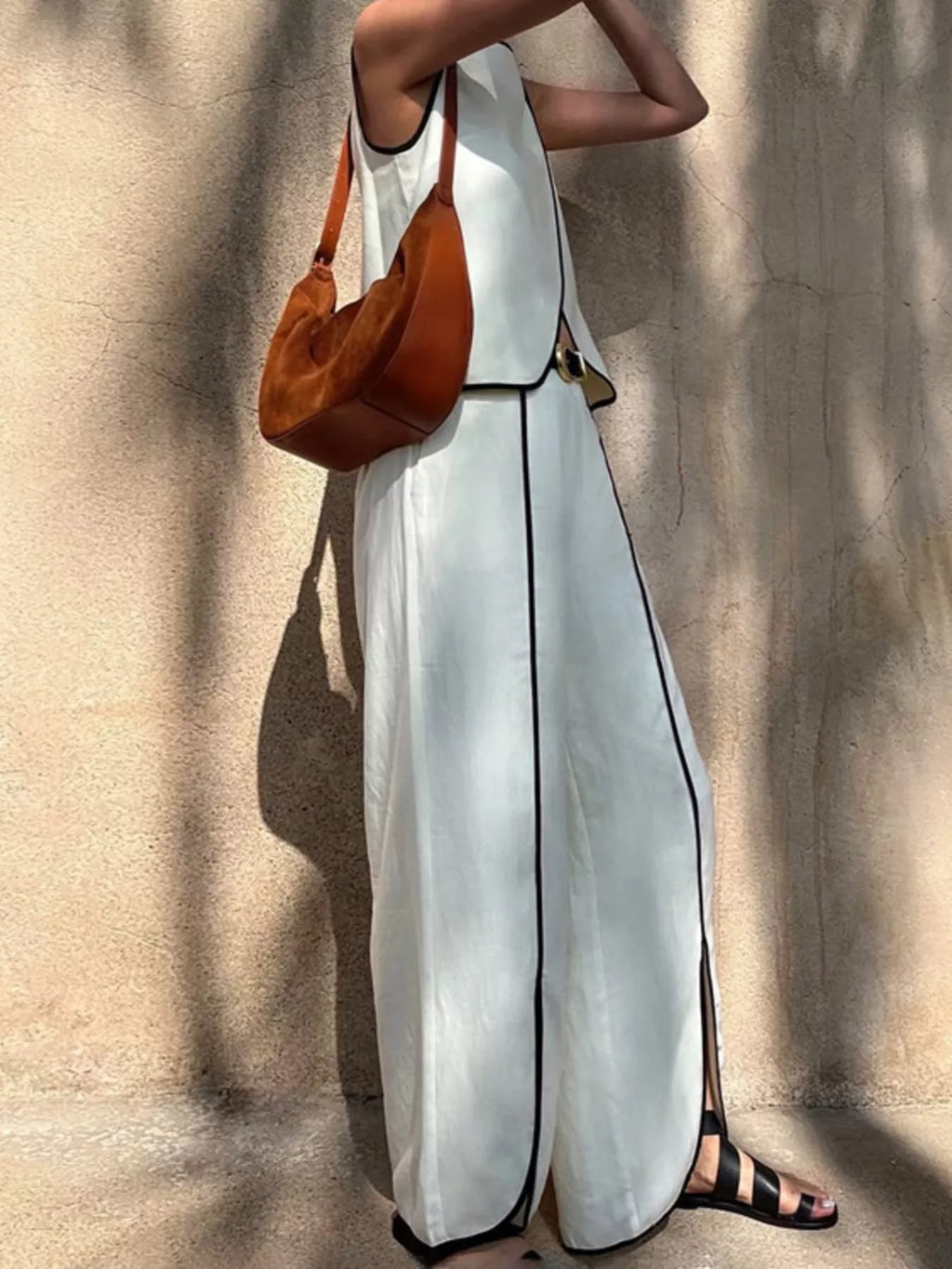 Contrast Trim Sleeveless Top and Wide-Leg Pants Set