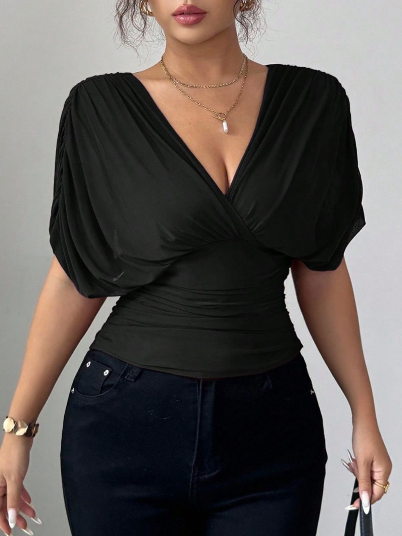 Ruched Surplice Short Sleeve Top