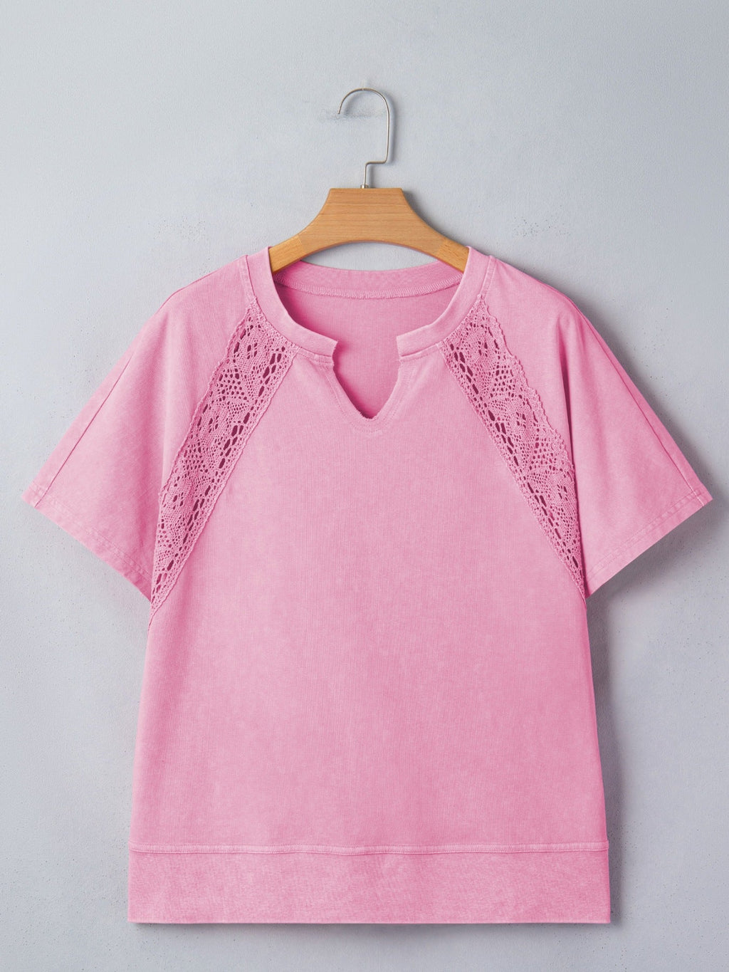Raw Cut Notched Neck Lace Patchwork Detail Mineral Wash Tee