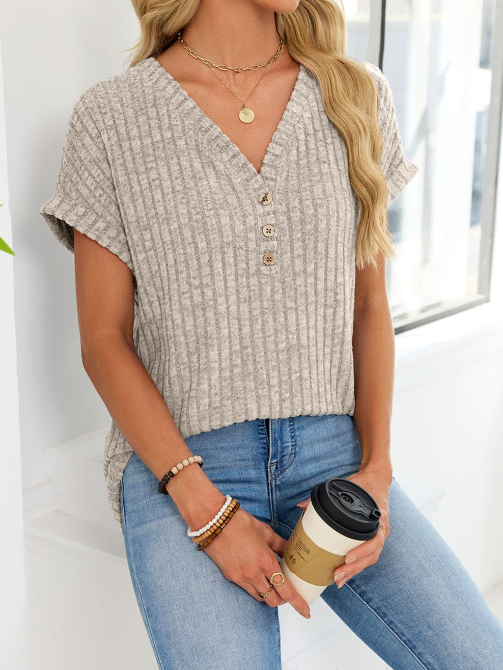 Ribbed Knit V-Neck T-Shirt
