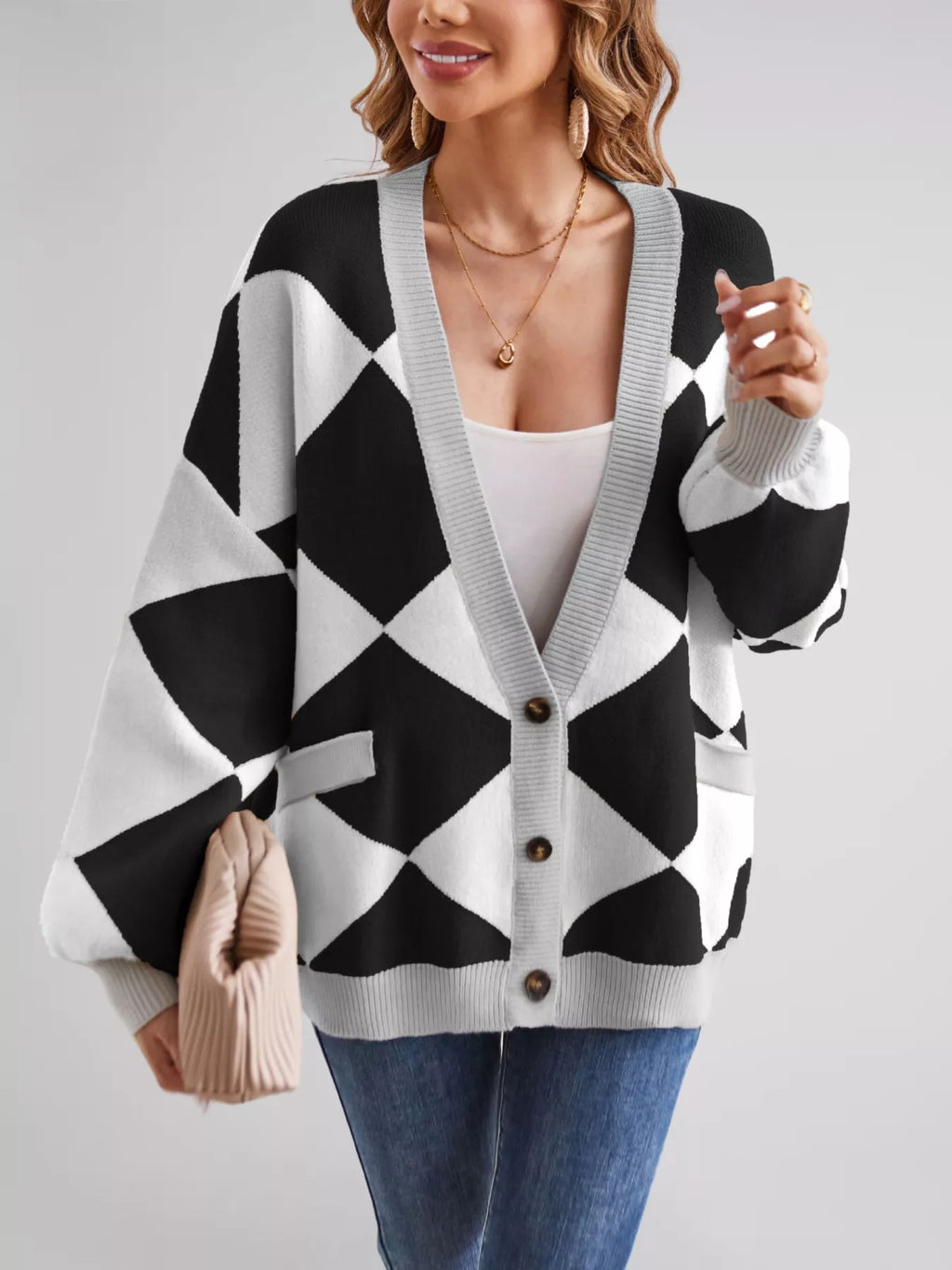 Diamond Pattern Button-Up Knit Cardigan