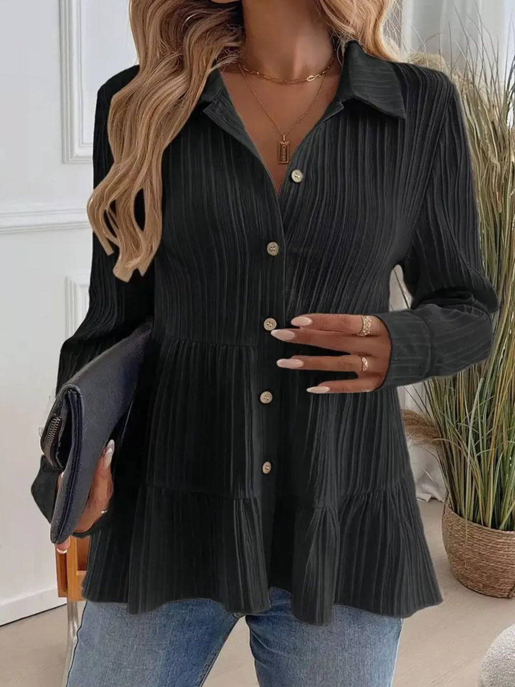 Button-Down Long Sleeve Tiered Shirt