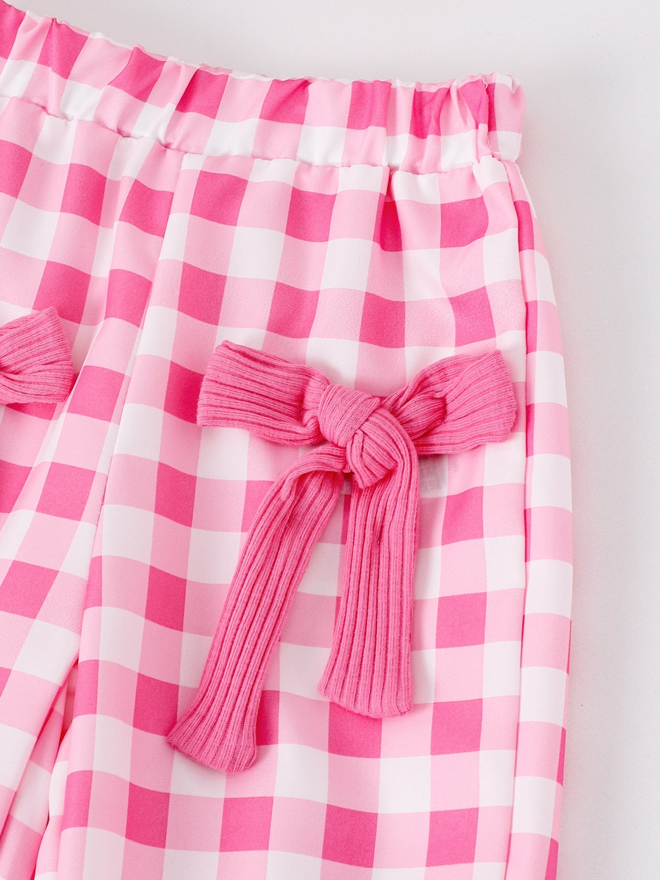 Children's Ribbed Tank Top and Plaid Pants Set with Bows