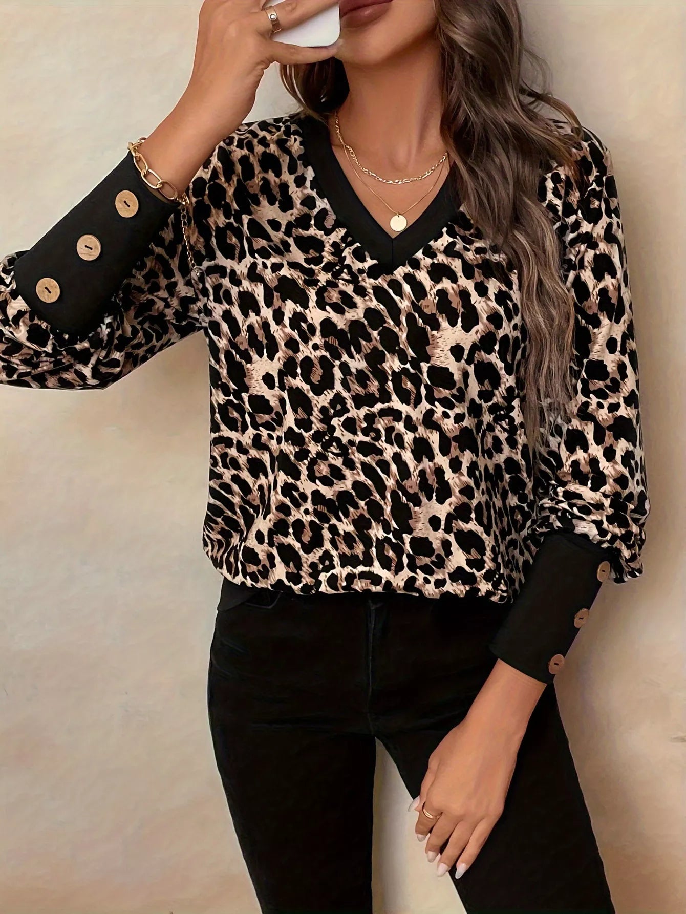 Leopard Print V-Neck Long Sleeve T-Shirt