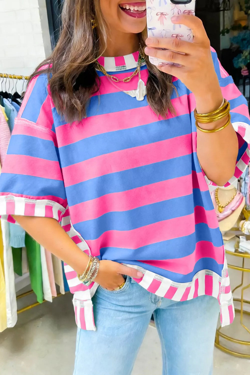Stripe Exposed Seam Contrast Patchwork Oversized Top