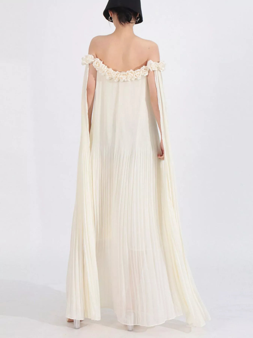 Off-Shoulder Floral Pleated Maxi Dress