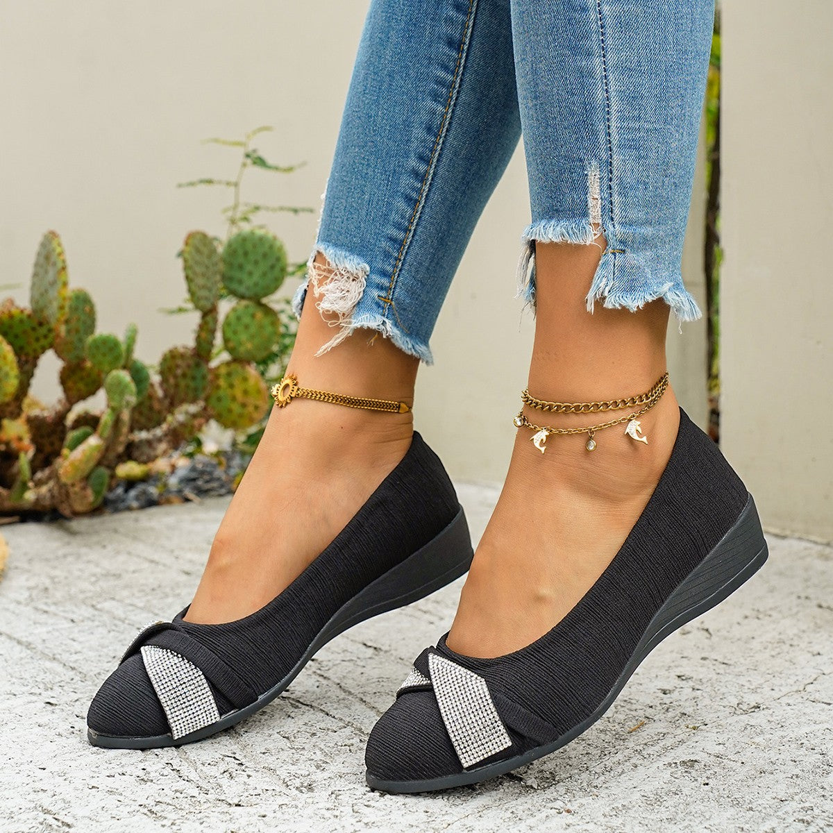 Rhinestone Embellished Wedge Slip-Ons