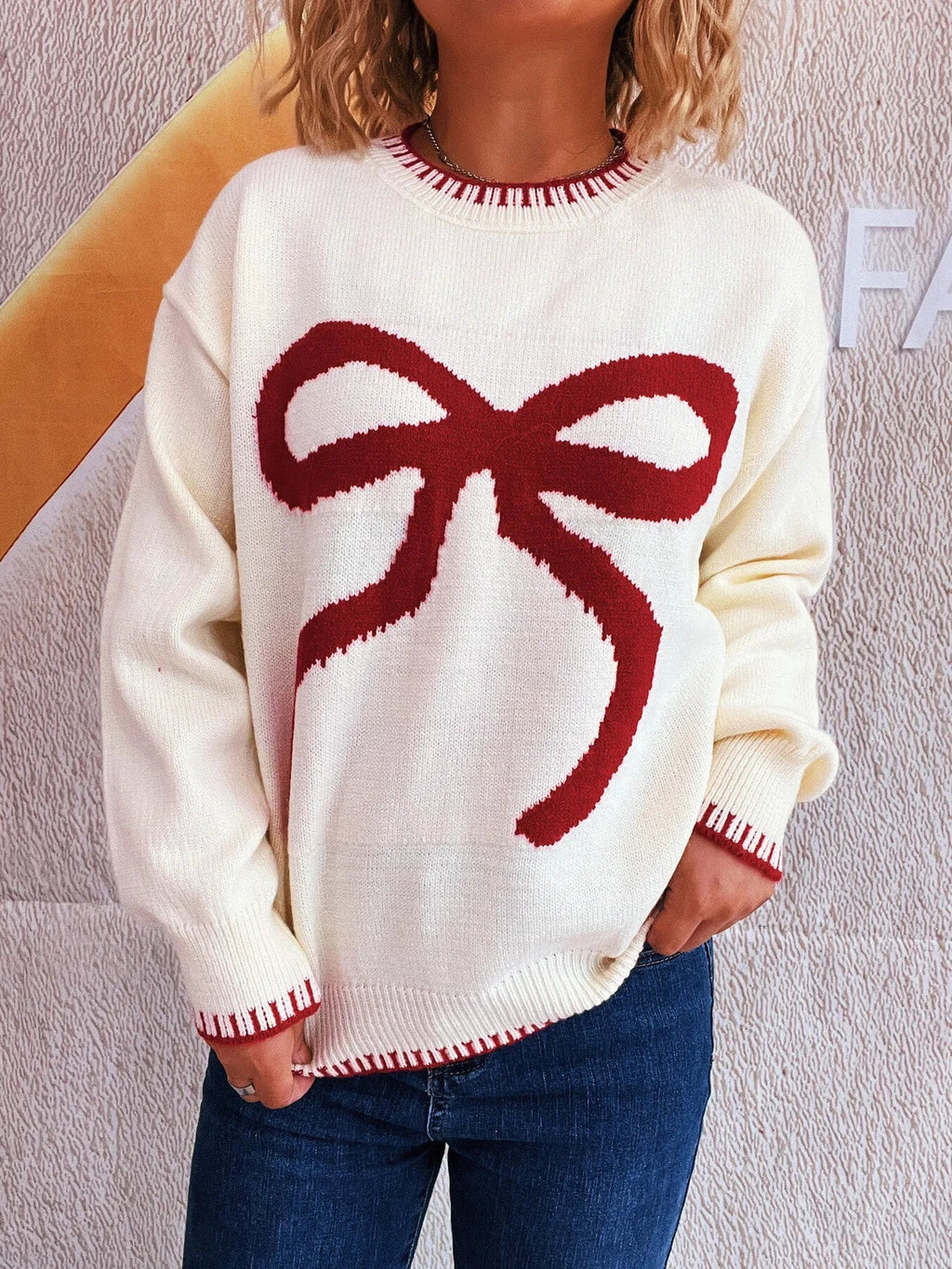Bow Pattern Round Neck Sweater