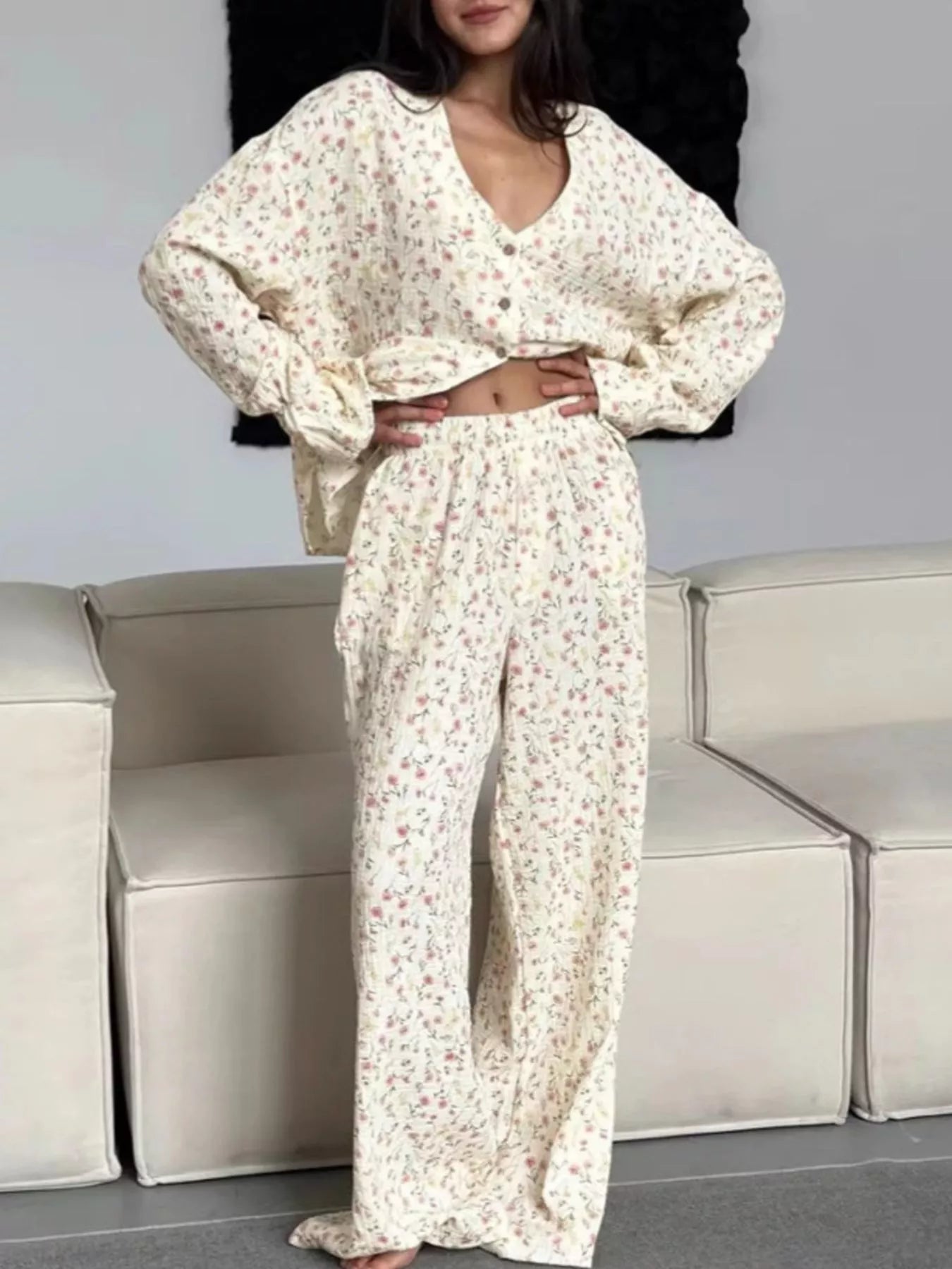 Floral Print Button-Down Top and Pants Lounge Set