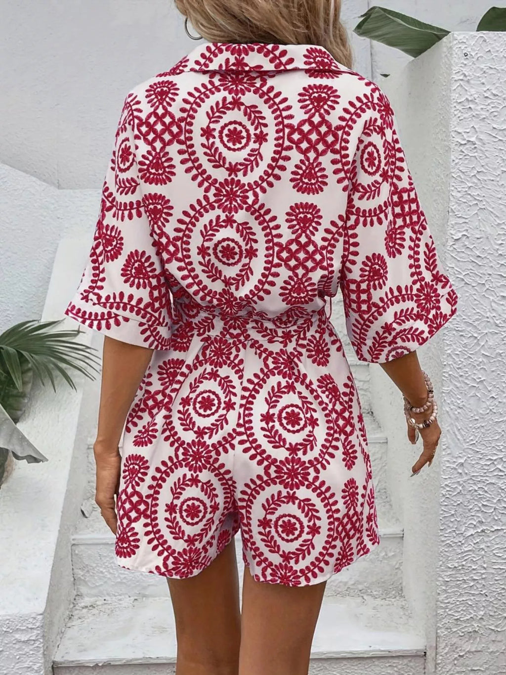 Printed Tie Waist Button Front Romper