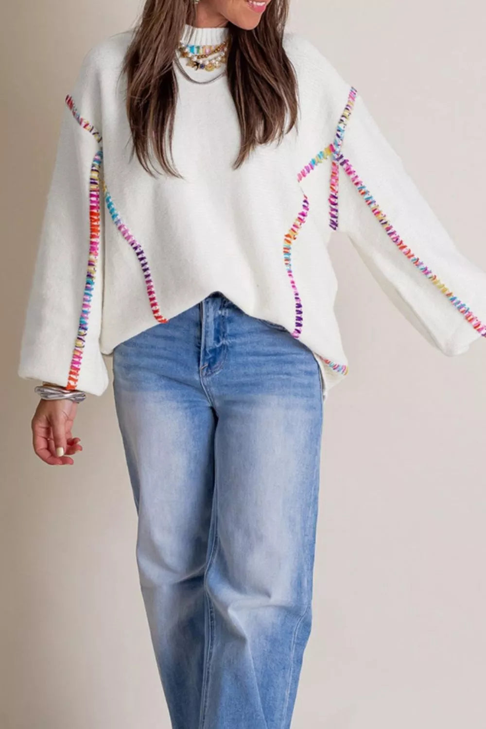 Rainbow Stitching Long Sleeve Relaxed Sweater