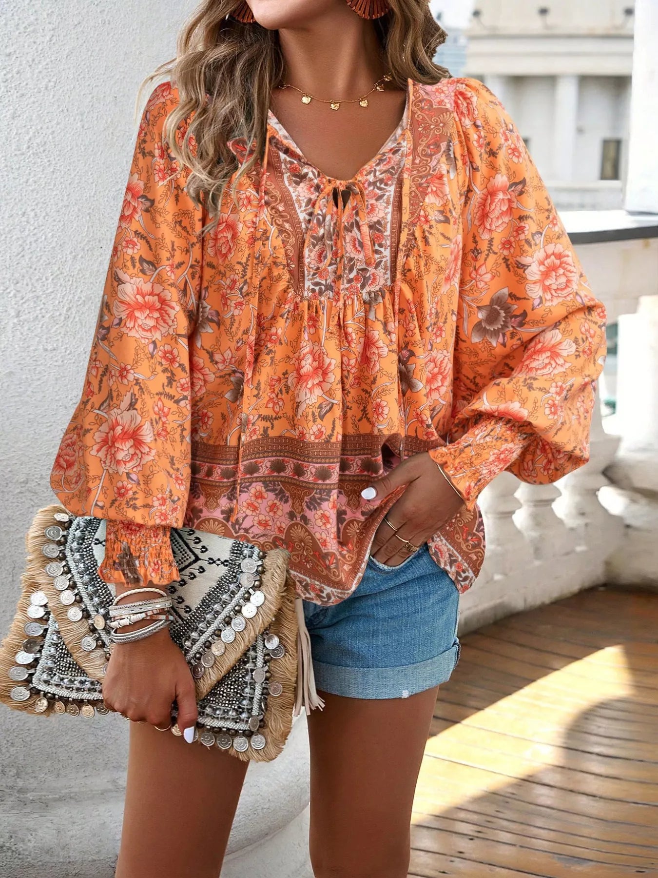 Floral Print Tie Neck Bohemian Blouse