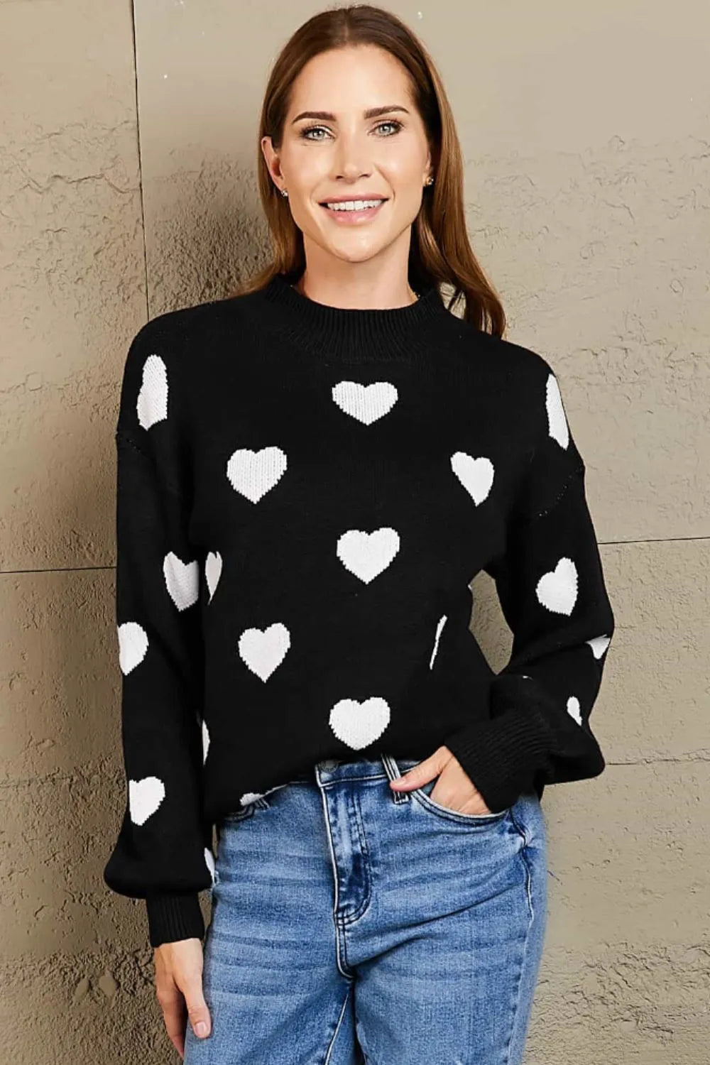 Heart Pattern Lantern Sleeve Round Neck Tunic Sweater