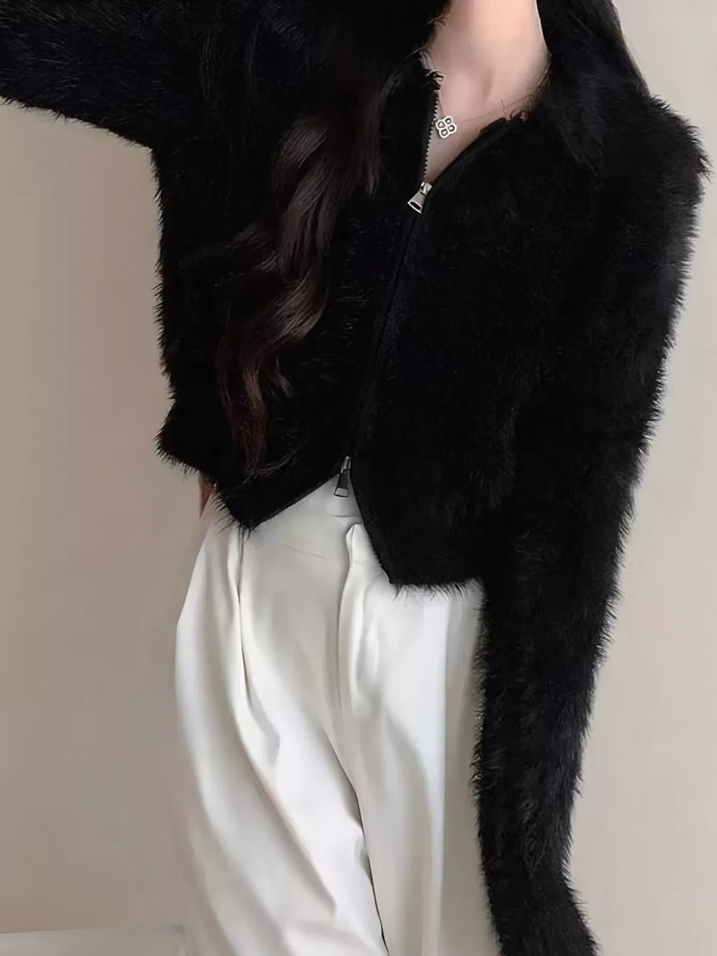 Fluffy Knit Zip-Up Outerwear
