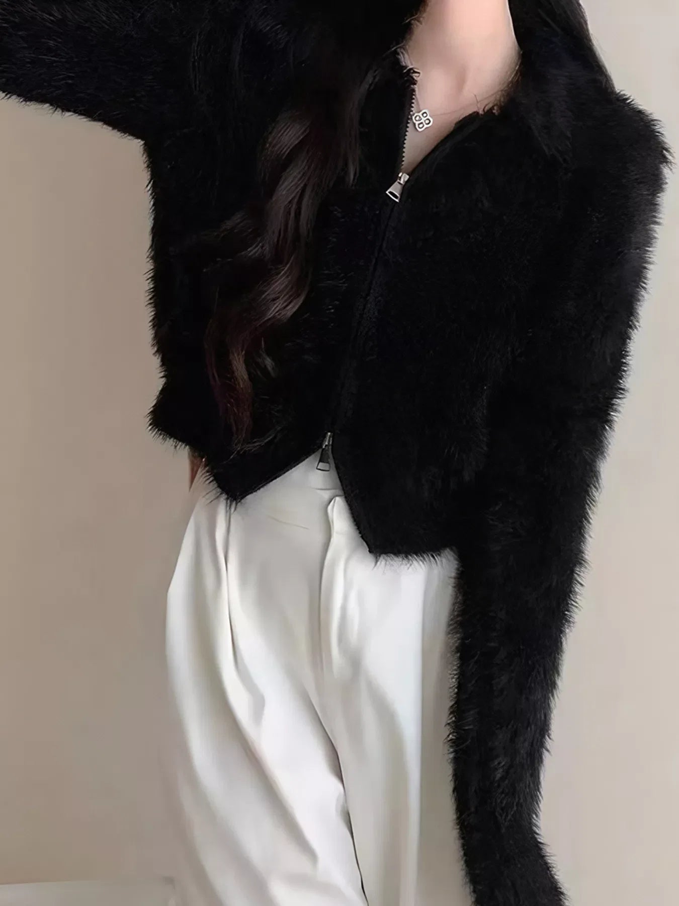 Fluffy Knit Zip-Up Outerwear