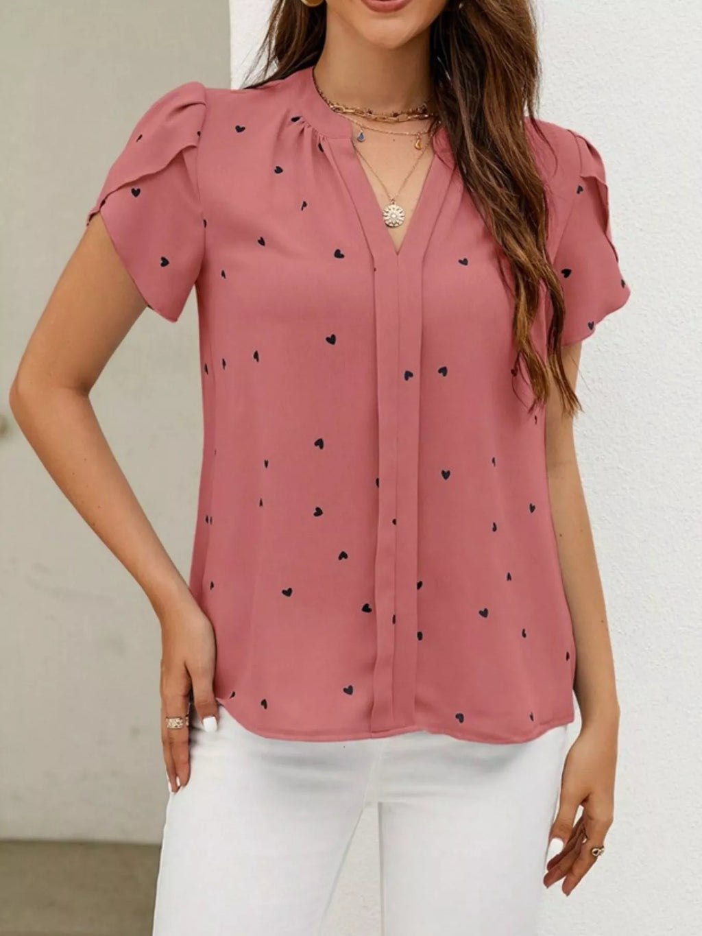 Heart Print Petal Sleeve Blouse