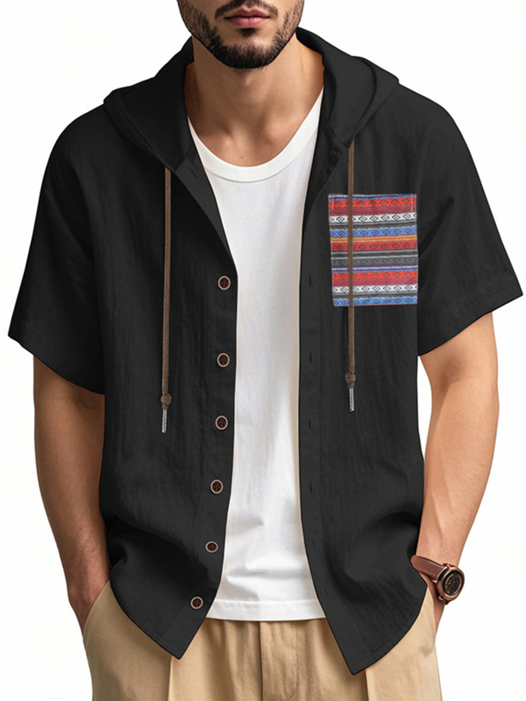 Men's Full Size Casual Hooded Short Sleeve Shirt Plus Size