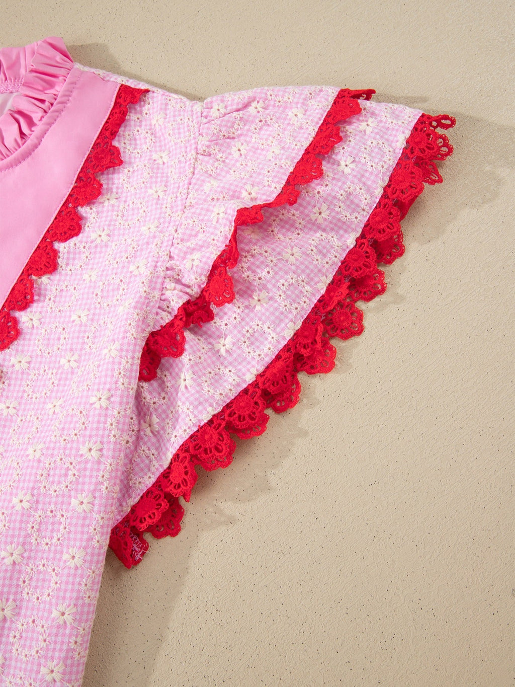Eyelet Embroidered Flower Texture Contrast Lace Trim Flutter Sleeve Blouse